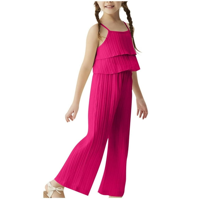 Girl's 2 Piece Outfits Textured Ruffle Hem Crop Cami Top and Wide Leg Pants Set Hot Pink 1-2 Years