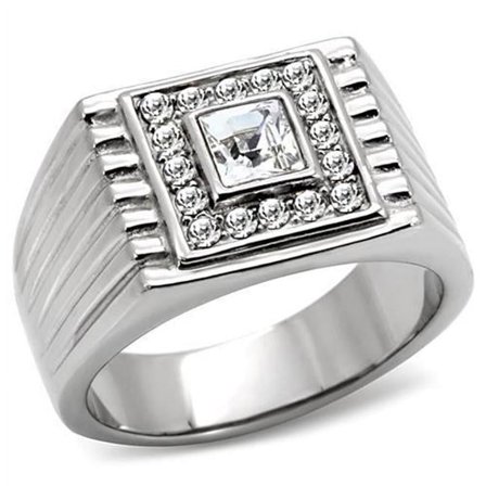 Men High Polished Stainless Steel Ring with Top Grade Crystal in Clear - Size 10