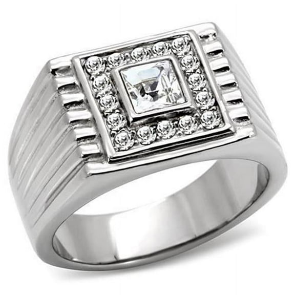 Men High Polished Stainless Steel Ring with Top Grade Crystal in Clear - Size 10