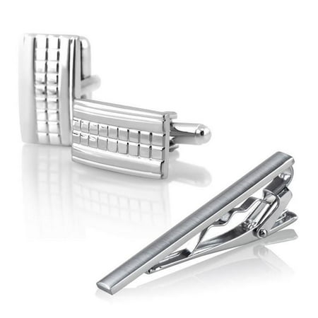 Zodaca Men Necktie Tie Bar Clasp Clip Cufflinks Set Silver Simple Party Gift