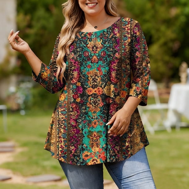 TaTaai Women Crew Neck 3/4 Sleeve Printed Loose Plus Size Top Fashion Casual T-Shirt Ladies Daily Commute Wear Lightweight Breathable Non-See-Through No Fading Top Gift