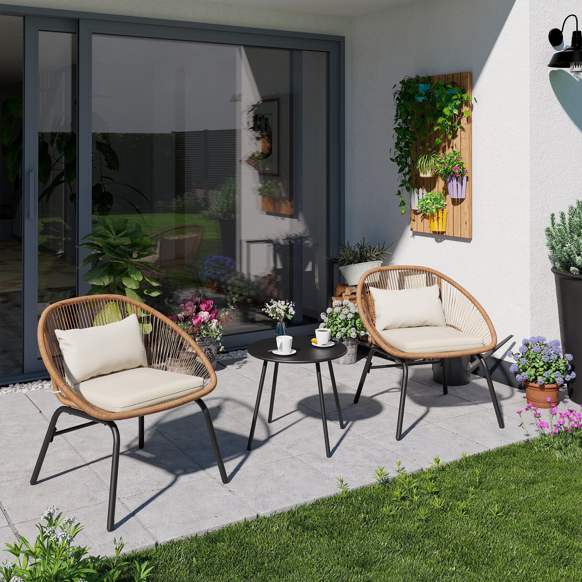 LAUSAINT HOME 3 Pieces Patio Bistro Set, Outdoor Furniture with 2 Chairs and 1 Coffee Table, Beige Cushions, Linear Weave Design
