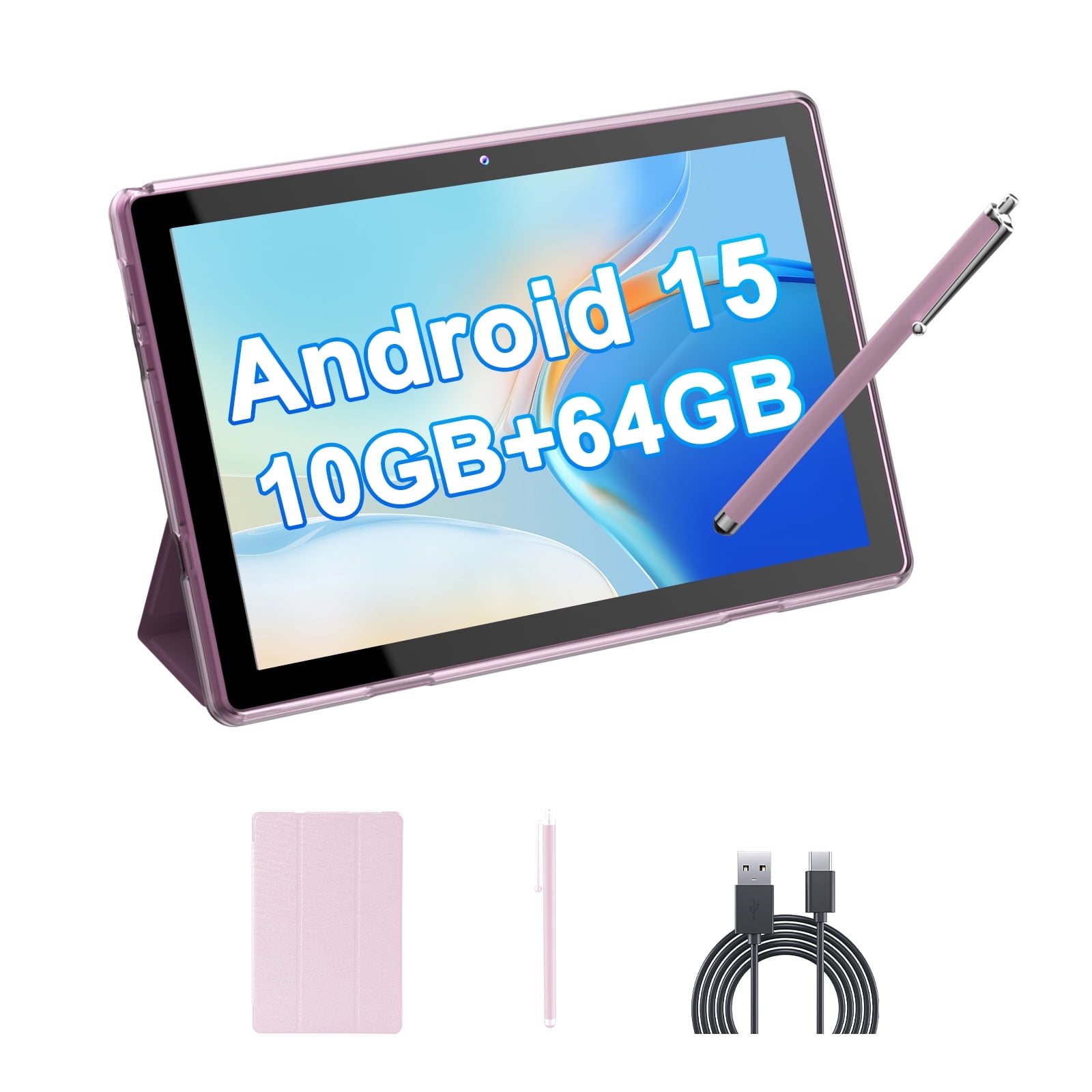 Peicheng 10" Android 15 Tablet, 10(4+6Expand)GB RAM+64GB ROM Tablet Kit with Protective Case/Stylus, 2+8MP Dual Camera, 6000mAh Battery (1set, Pink)