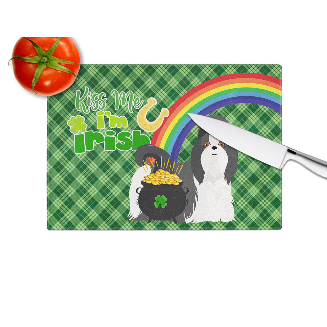 Black and White Shih Tzu St. Patrick's Day Glass Cutting Board Large 12 in x 15 in