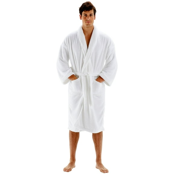 BC BARE COTTON Men's Robe Microfiber Plush Fleece Shawl Bathrobe - White - Small