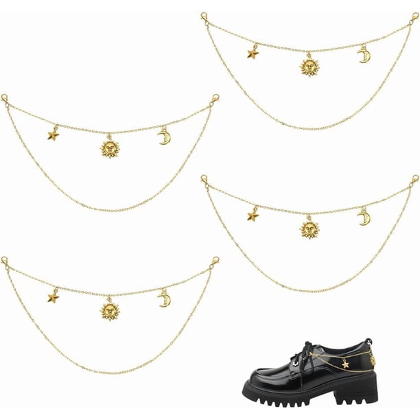 4 cadenas para zapatos con doble cadena dorada, colgantes de sol, luna y estrella para mujer, adornos para correas de calcetines, cadena decorativa brillante.