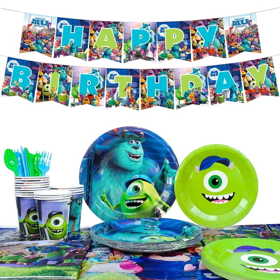 114 Pcs Monsters Inc. Birthday Party Supplies Tableware Set - Monsters Inc. Tablecloth Banner Plates Napkins Cups for Monsters Inc. Birthday Party Decorations for Boys/Girls