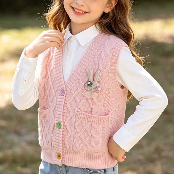 Spazoro Toddler Girls Knit Vest with Pockets, Soft Knitting Cotton Sleeveless Cable Knit V‑Neck Button Front Layering Waistcoat Pink Size 2-3 T