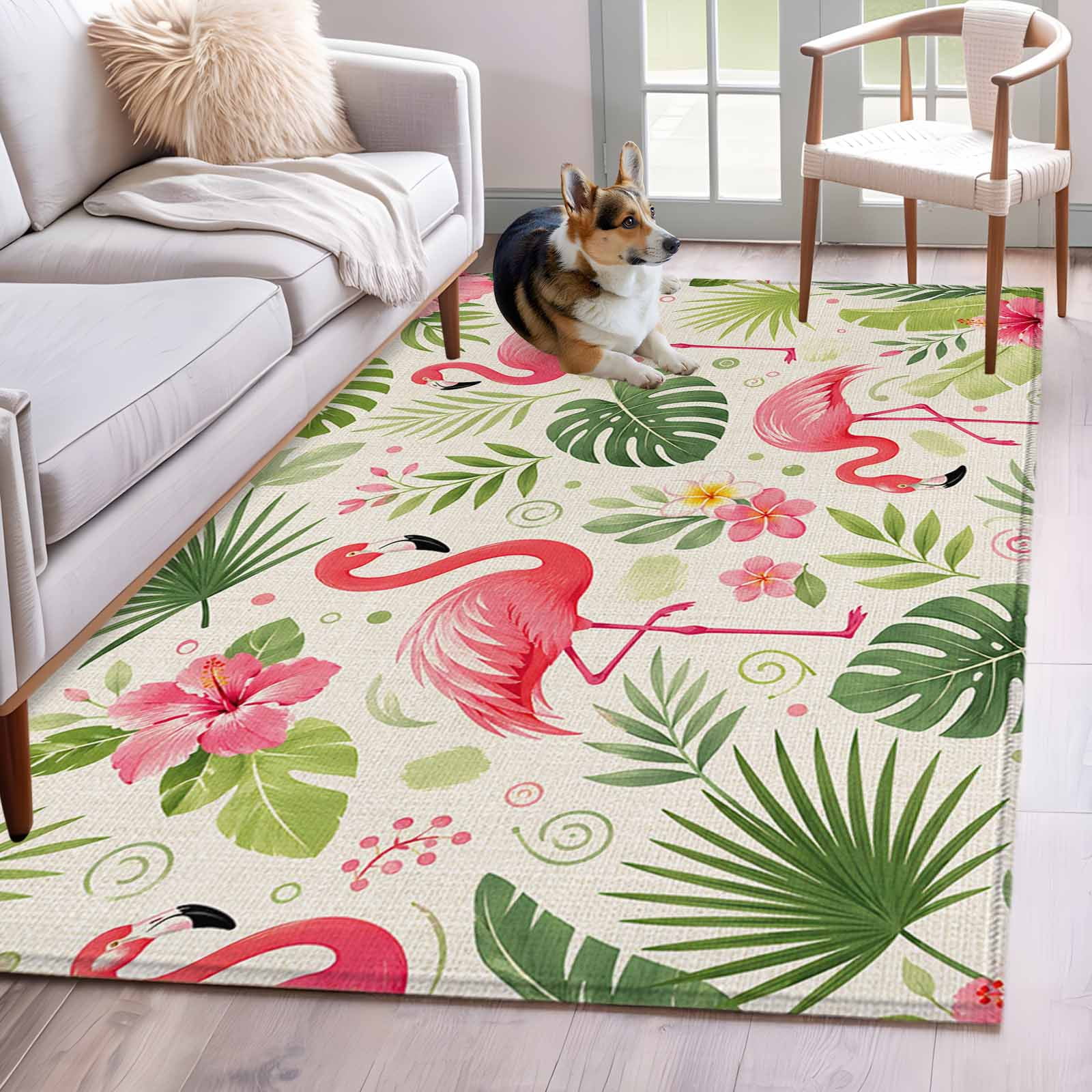 Area Rug 3x5ft Summer Pink Flamingos Retro Linen Washable Rugs for Living Room Bedroom Tropical Monstera Flower Leaf Soft Non-slip Area Rugs Rectangle Floor Carpet for Dining Room