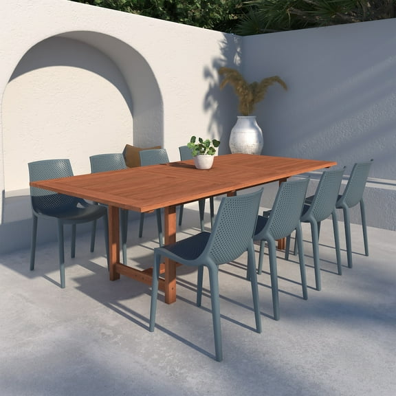 Amazonia 9 Pieces Leuven Solid Eucalyptus Wood Patio Dining Set, Brown