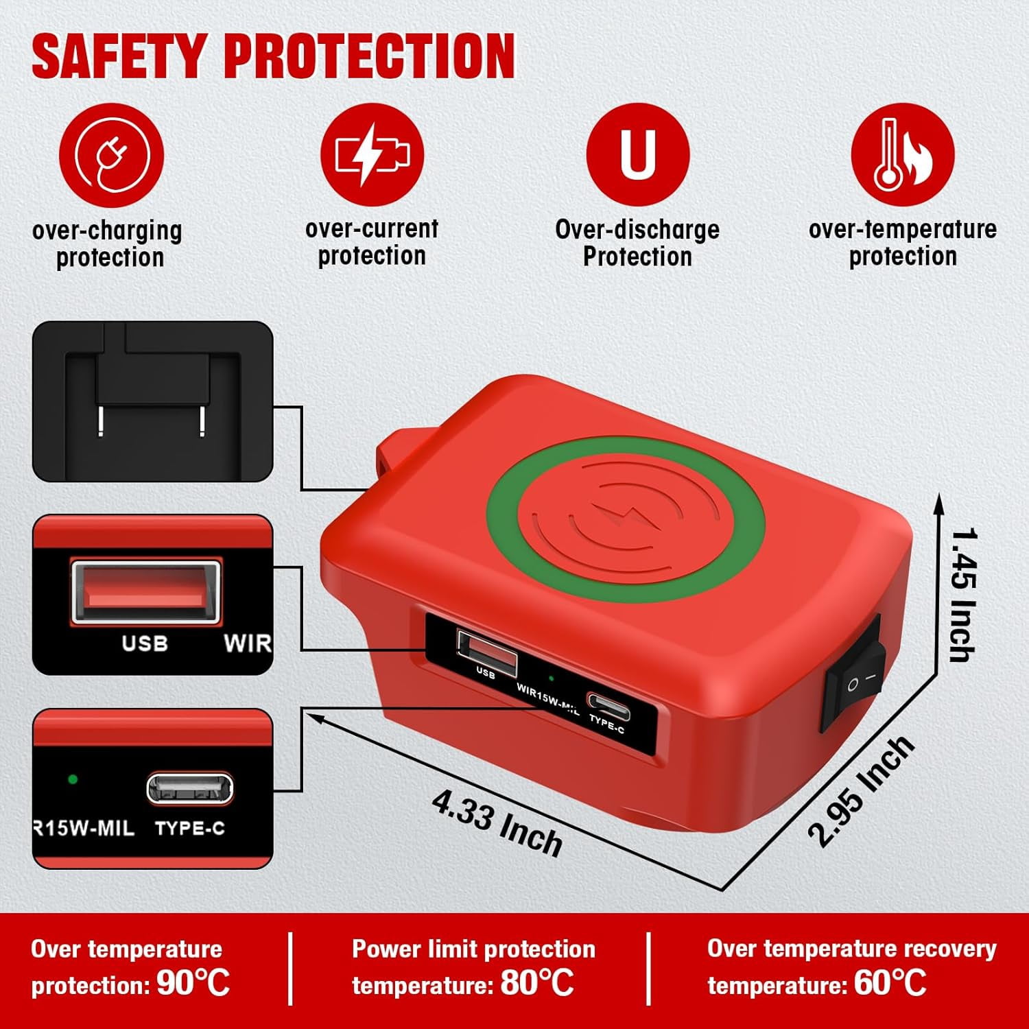 Wireless Charger Adapter,for  Ein*hell 18V Battery,15W Max Wireless Charging Adapter for iPhone for Cell Phone,with USB-A&USB-C 2.1A Fast Charge Ports,Wireless Chargers Using Tool Battery