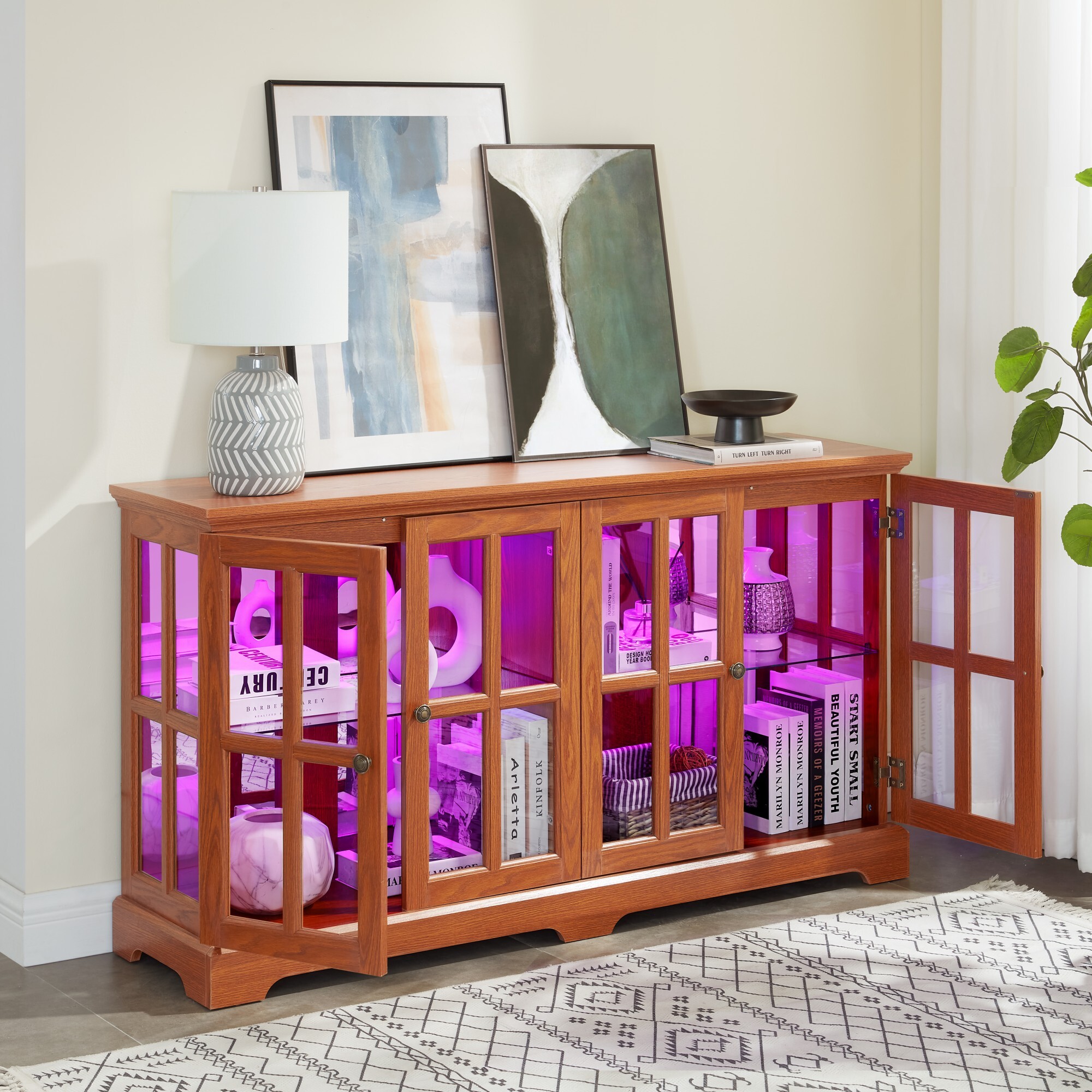 AENKYO Retro LED Glass Display Cabinet with Adjustable Shelves, Vintage Style Curio Showcase for Home, Dark Oak