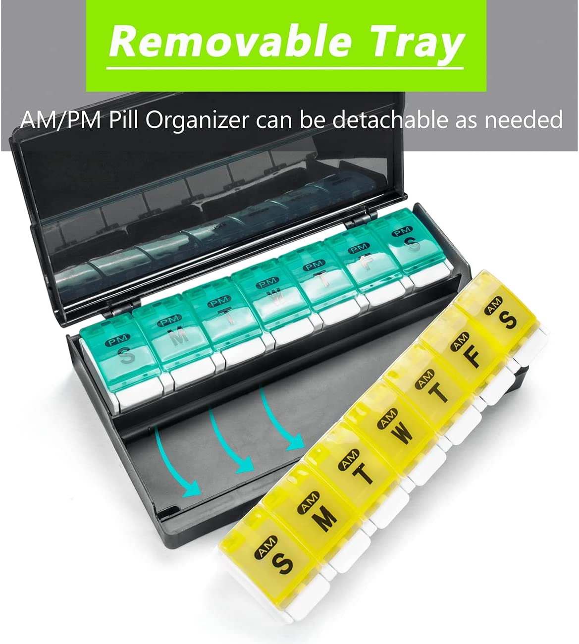 Xlhshop 7 Day AM PM Pill Organizer, 2 Times Daily Large Pill Case, Push Button Pop Open Pill Box, Portable Weekly Medicine Holder for Pills, Vitamins, Fish Oil & Supplements