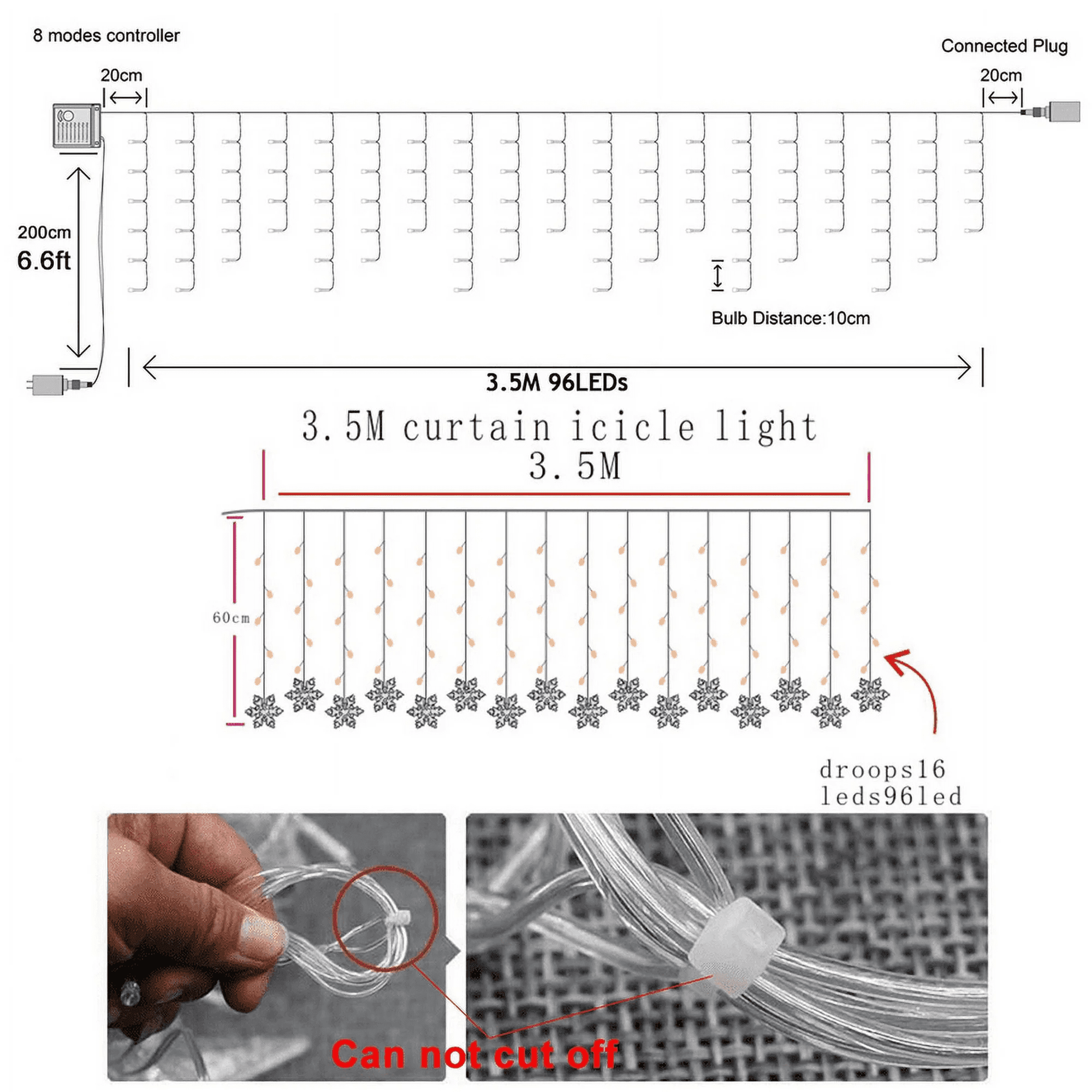 Christmas Curtain Lights, Plug in Fairy Curtain Lights Outdoor, 8 Modes Fairy Lights 11.5ft 96 LED String Lights for Bedroom Backdrop Wedding Party Xmas Indoor Decor (Warm White)