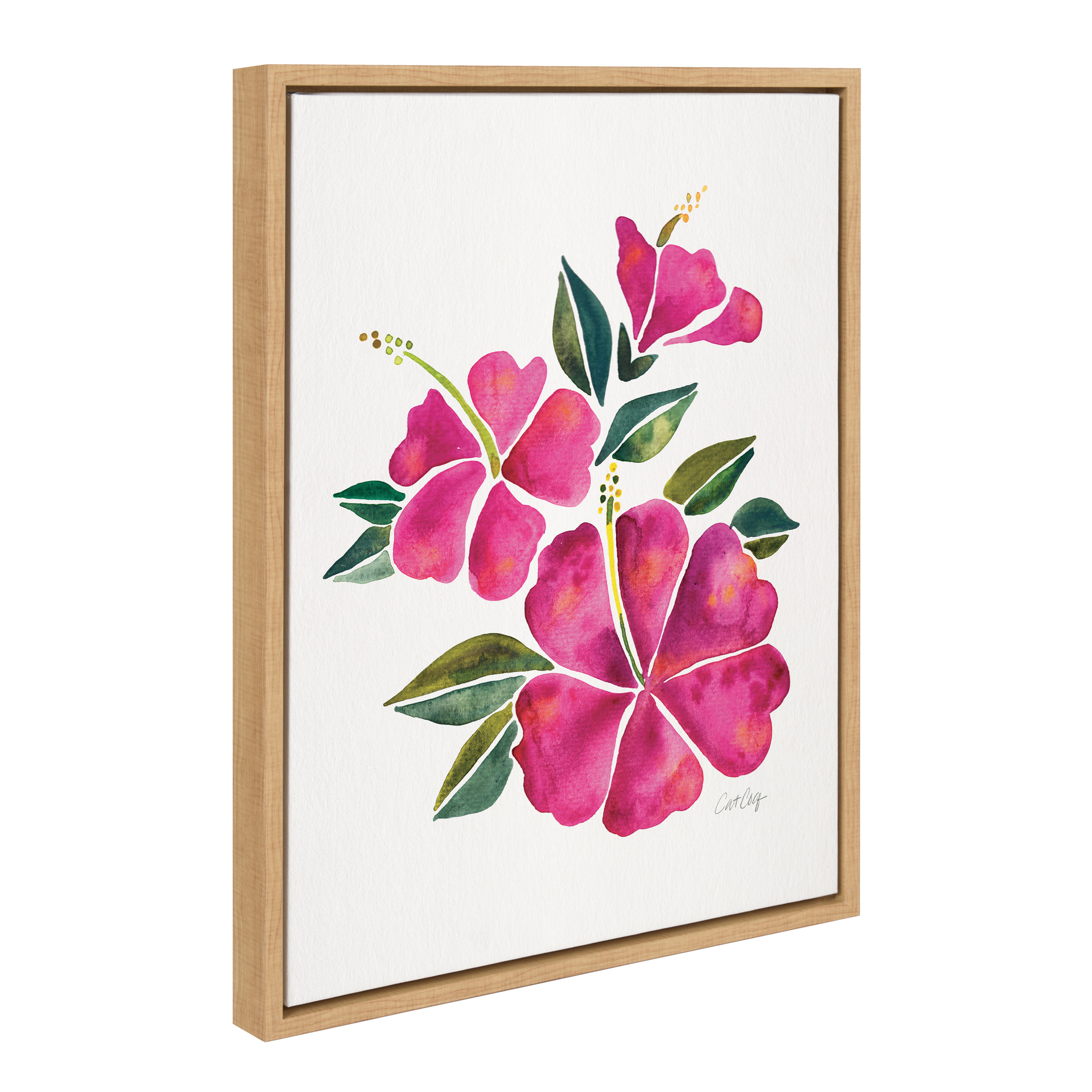 Kate and Laurel Sylvie Hibiscus Bloom Fuchsia Framed Canvas Wall Art by Cat Coquillette, 18x24 Natural, Colorful Floral Art for Wall