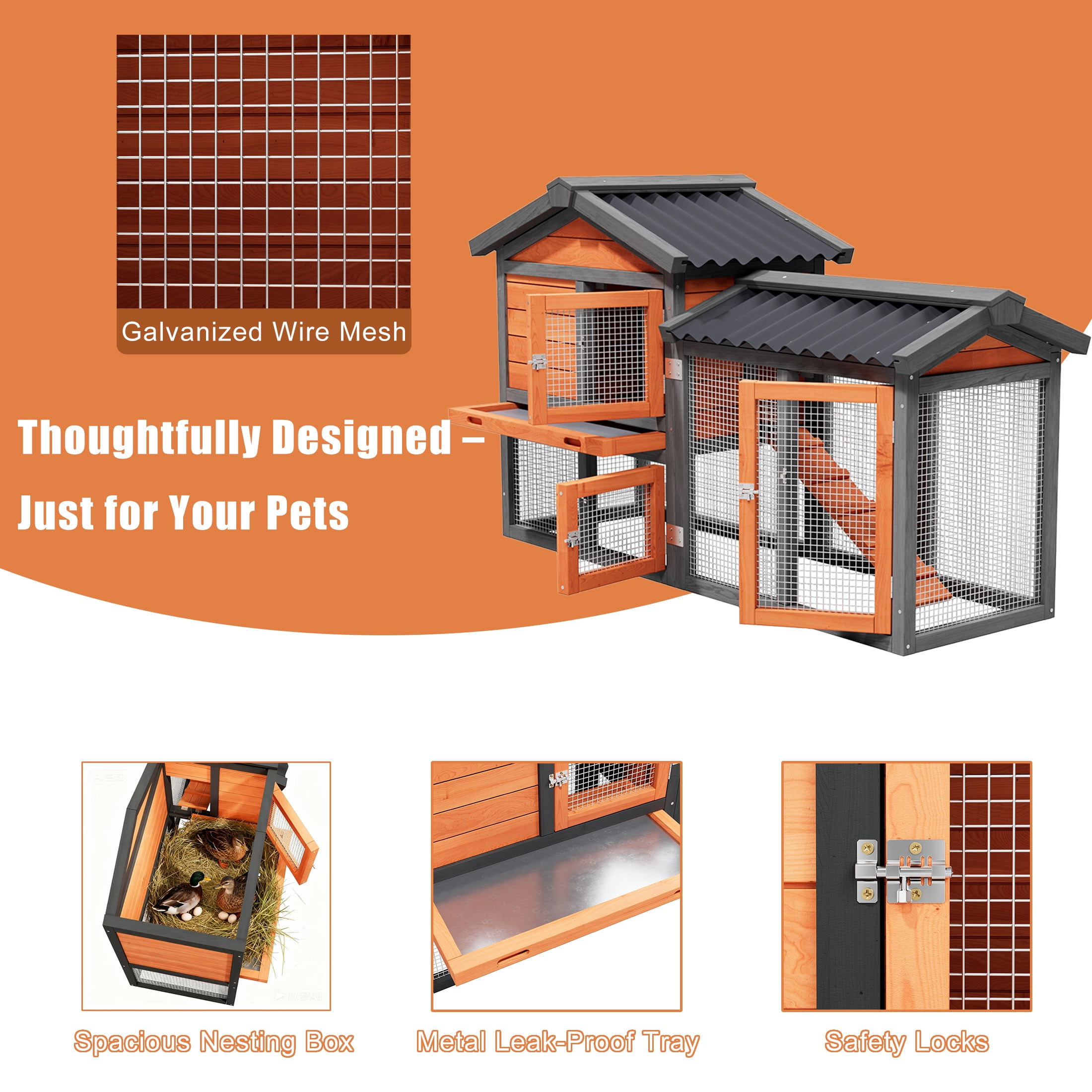 Predator Proof Outdoor 2 Story Duck Condo with Weatherproof Brooder,Duck Hutch with Wire Mesh Run,58",Orange with Black