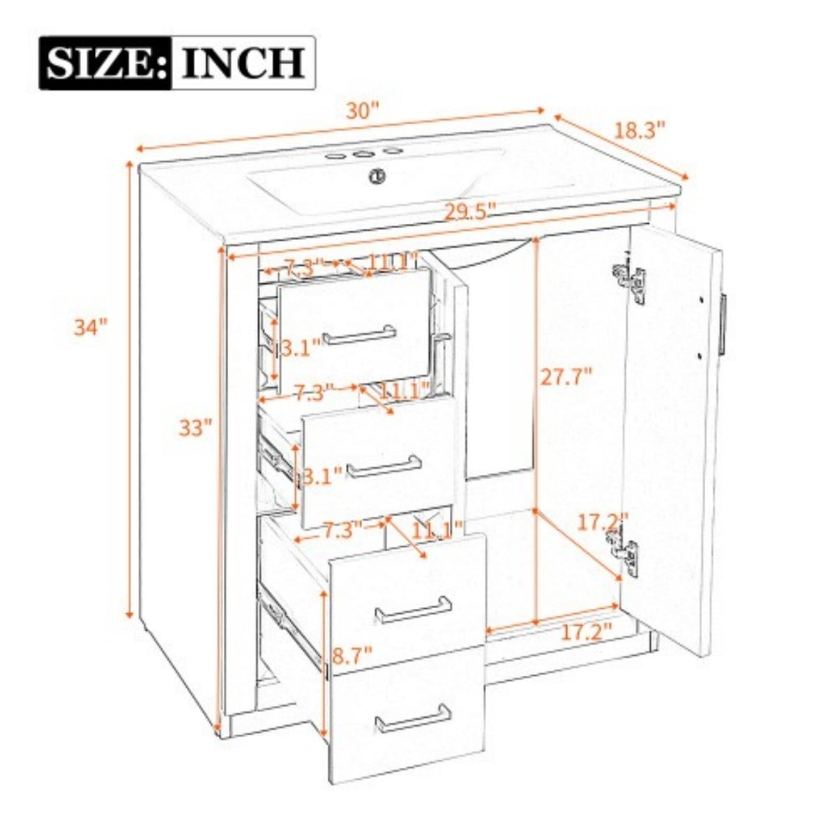 30" Bathroom Vanity with Sink, Freestanding Bathroom Vanity Cabinet with Ceramic Sink, Solid Wood Frame, 3 Drawers & Soft Close Doors, Modern Storage Cabinet, Blue