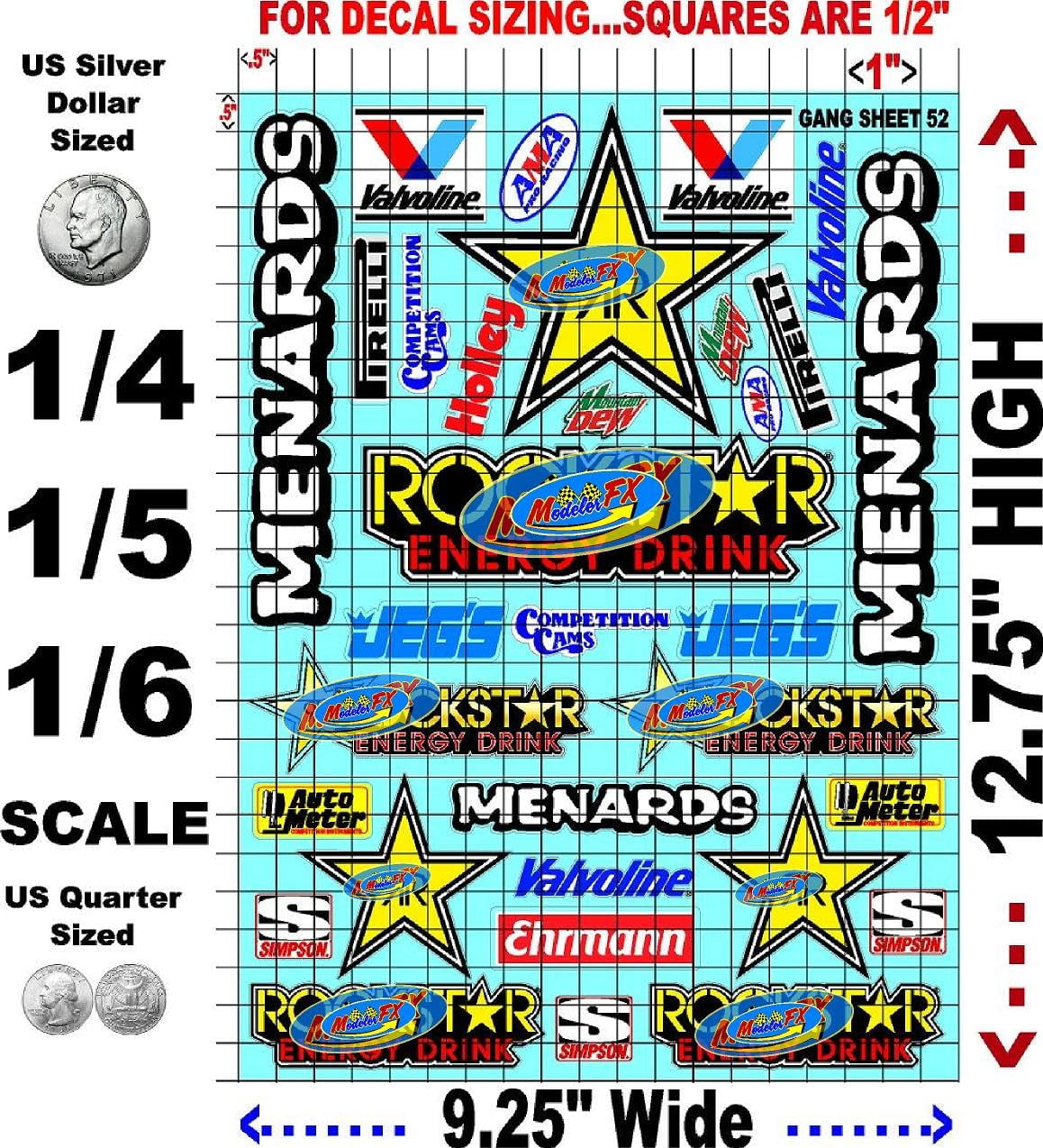 Clear Vinyl R/C Racing Sponsor Sticker Gang Sheet 52-1/4-1/5 � 1/6th Scale Model Decal Sticker Sheet Radio Control Lexan Body � Die-Cut to Shape - Peel & Stick � Water Slide - Energy