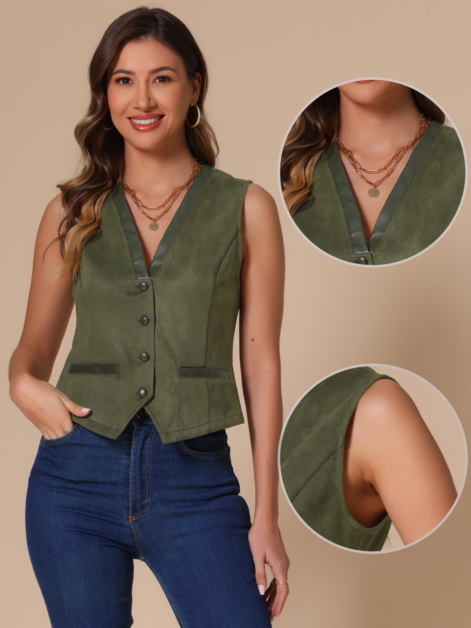 DARING DIVA Women's Vintage V Neck Faux Suede Button Down Sleeveless Jacket Vest S Army Green