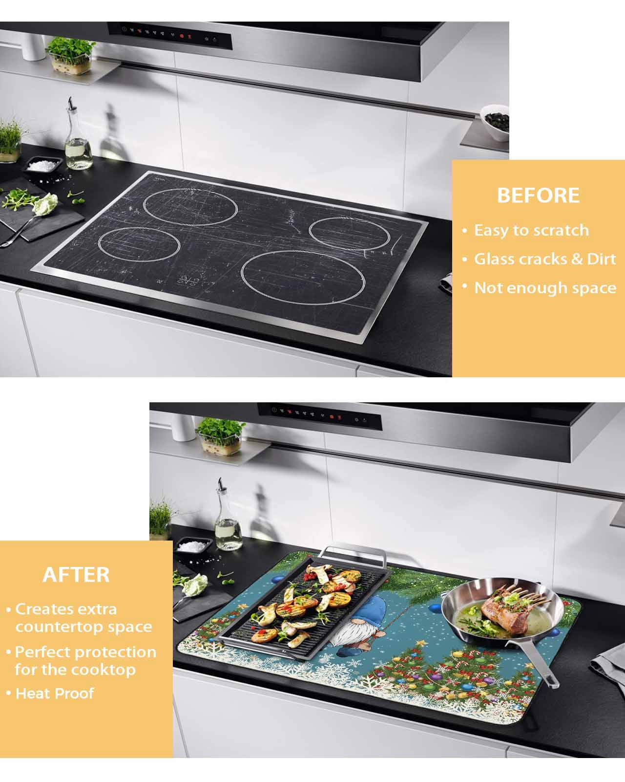 Large Induction Cooktop Protector Mat Blue Teal Gnomes Christmas Stove Top Covers for Electric Stove, Xmas Tree Balls Snowflake Decorative Stove Burner Cover Mats, Glass Top Stove Cover