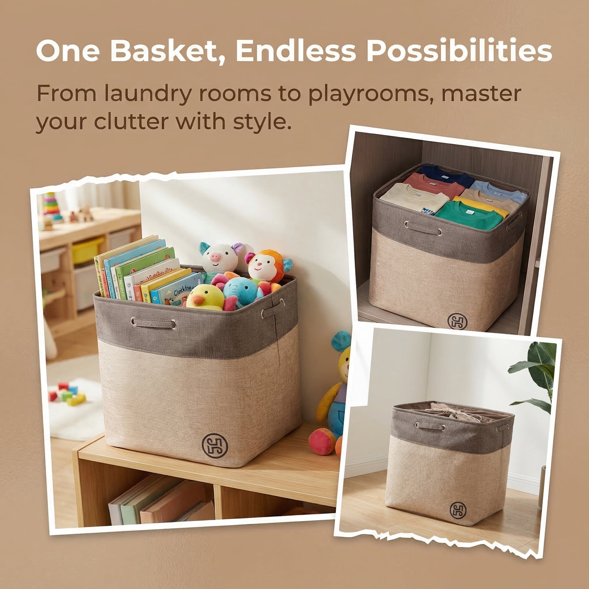 Unique Bargains Fabric Storage Bin with Handles Coffee 19.7*15.7*19.7in