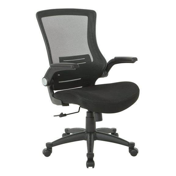 Office Star Products Screen Back Manager's Chair in Black Mesh Seat with PU Padded Flip Arms with Silver Accents
