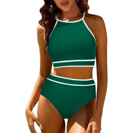 Aobny Ringer Stretch Swimsuit Sets for Women s Tummy Control Green Swim Sets Sport High Waist Bikinis Retro Bottoms XXL