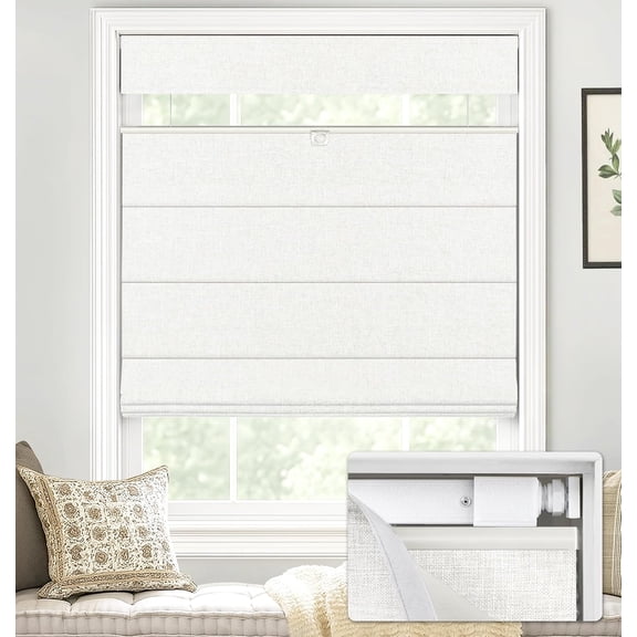LazBlinds No Tools No Drill TDBU Cordless Roman Shades for Window, Thermal Insulated UV Blocking, 100% Blackout Fabric Blinds for Bedroom & Living Room, 34"W x 64"H, Blackout - White