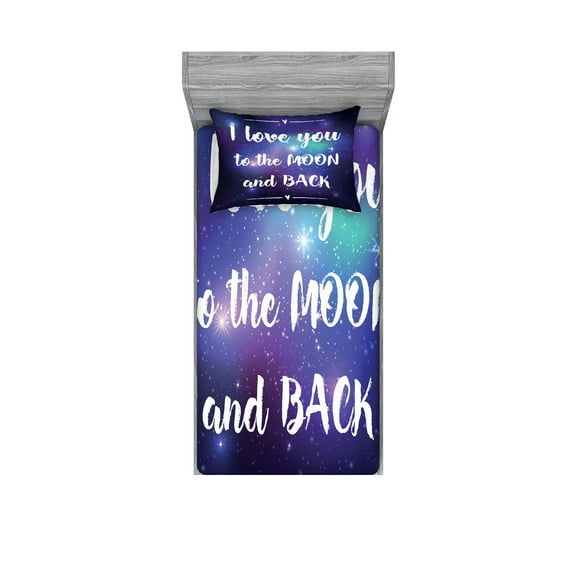Saying Fitted Sheet & Pillow Sham Set, Outer Space Background I Love You to the Moon and Back Typography, Decorative Printed 4 Piece Bedding Decor Set, Twin, Dark Purple White, by Ambesonne