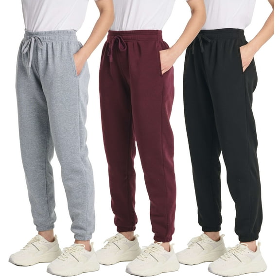 Real Essentials 3 Pack: Women's Fleece Jogger Sweatpants (Available in Plus Size)