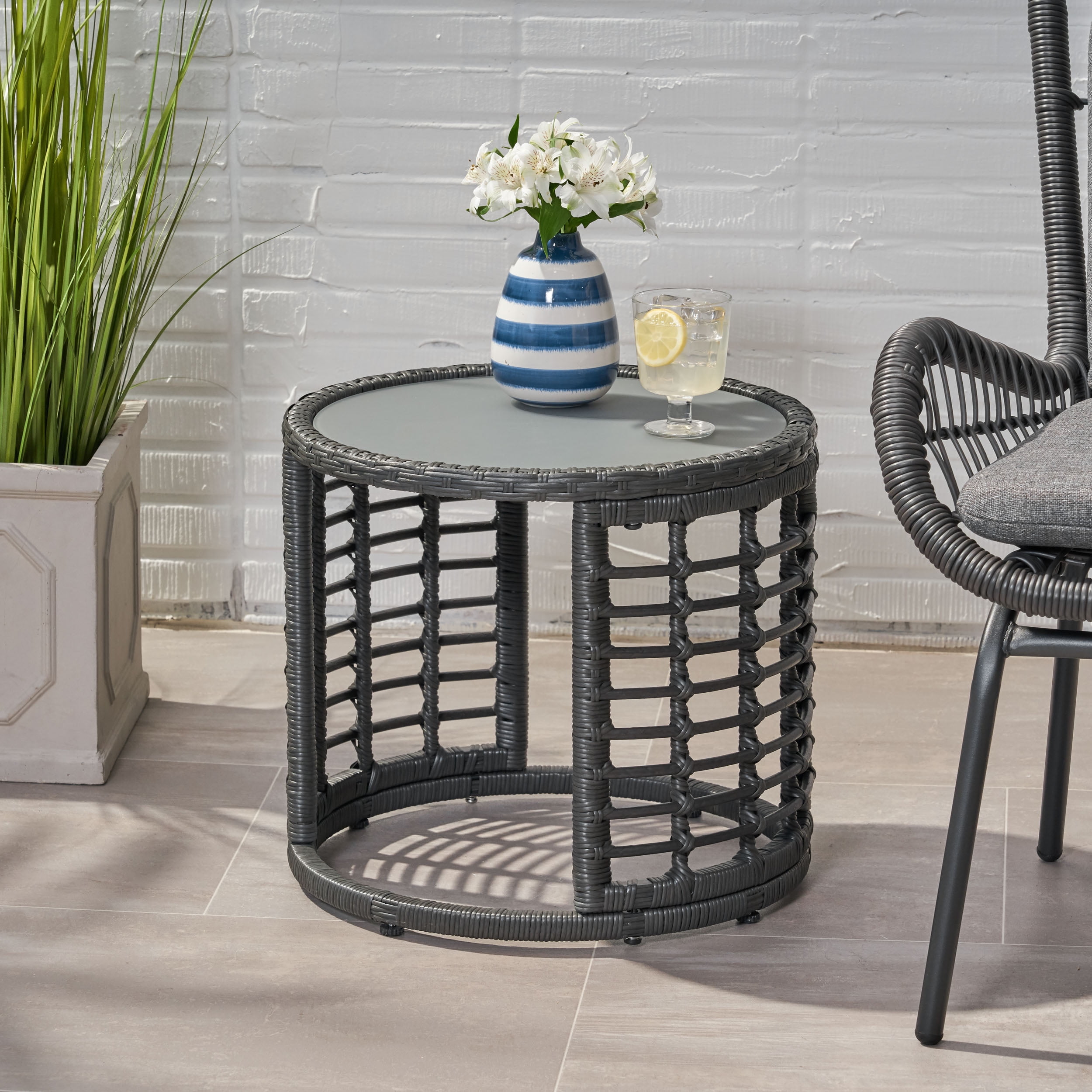Harrisburg Outdoor Modern Boho Wicker Side Table with Tempered Glass Top, Gray