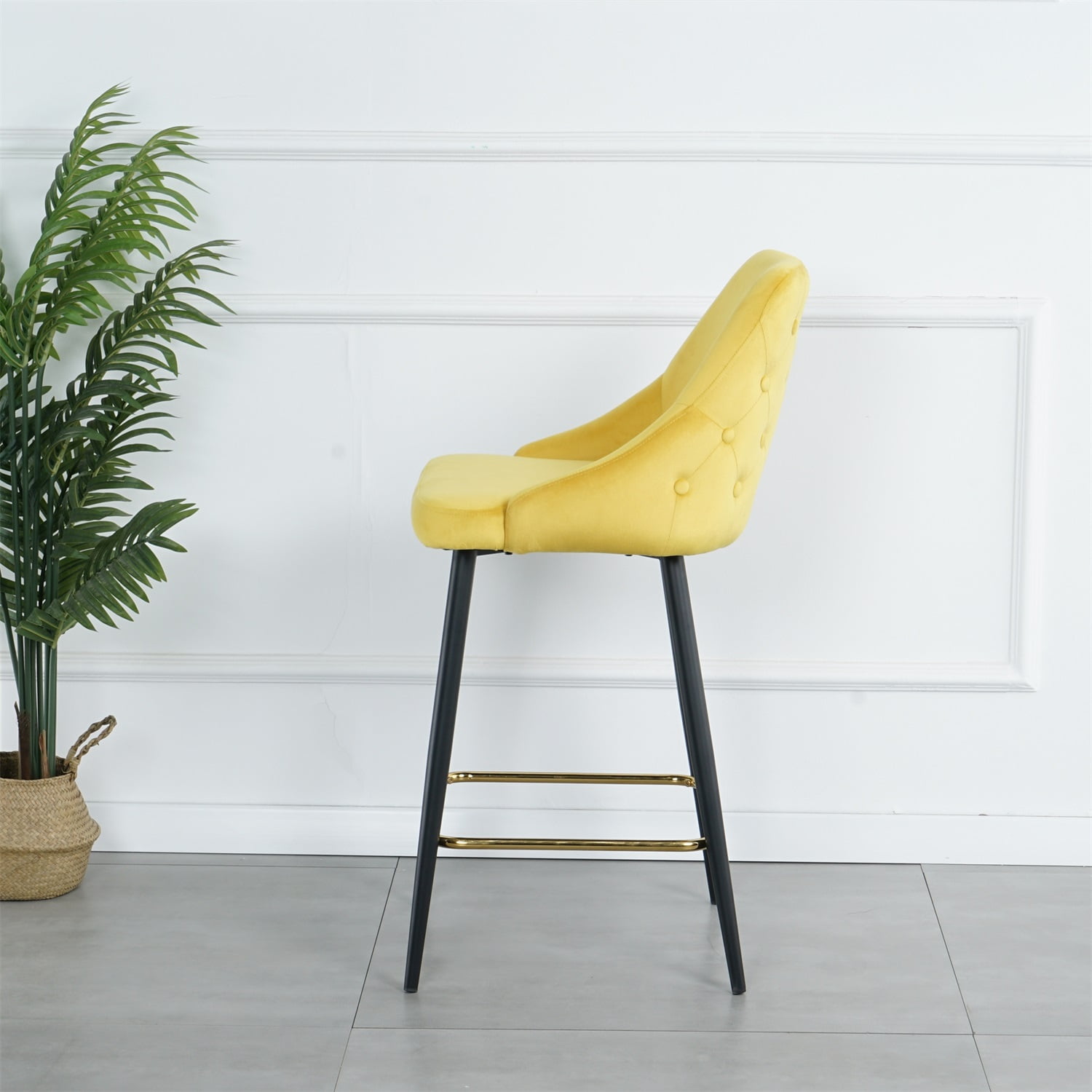 Kadyn Upholstered High Bar Stool Chair Set of 2, Modern Foam Bar Stools with Gold Legs, Bar Dining Chair for Dining Room, Yellow
