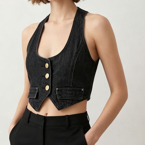 Elvqul Women's Vintage Halter Neck Denim Outerwear Vest, Cropped Sleeveless Jacket with Metal Button Down for a Stylish Casual Fitted Look