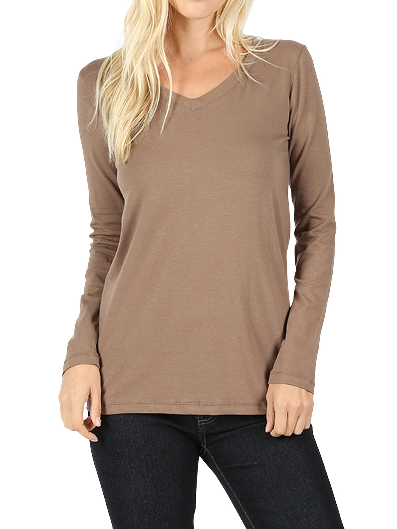 Women Casual Basic Cotton Loose Fit V-Neck Long Sleeve T-Shirt Top
