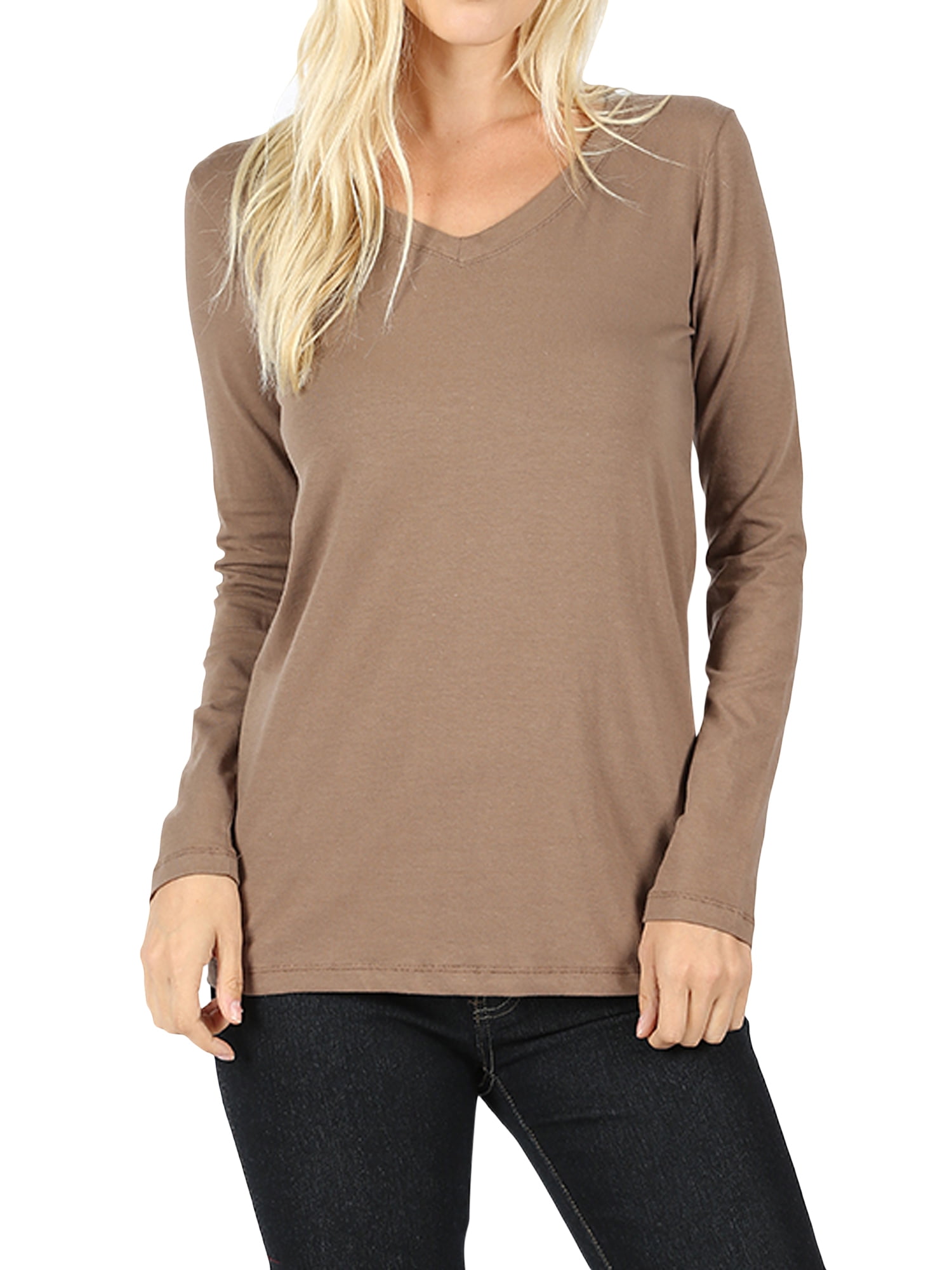 Women Casual Basic Cotton Loose Fit V Neck Long Sleeve T Shirt Top 