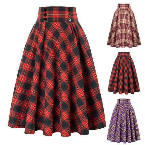 yueewhu Plaid Skirt for Womens High Waist Aline Pleated Midi Skirts (Rose Gold, XXL)