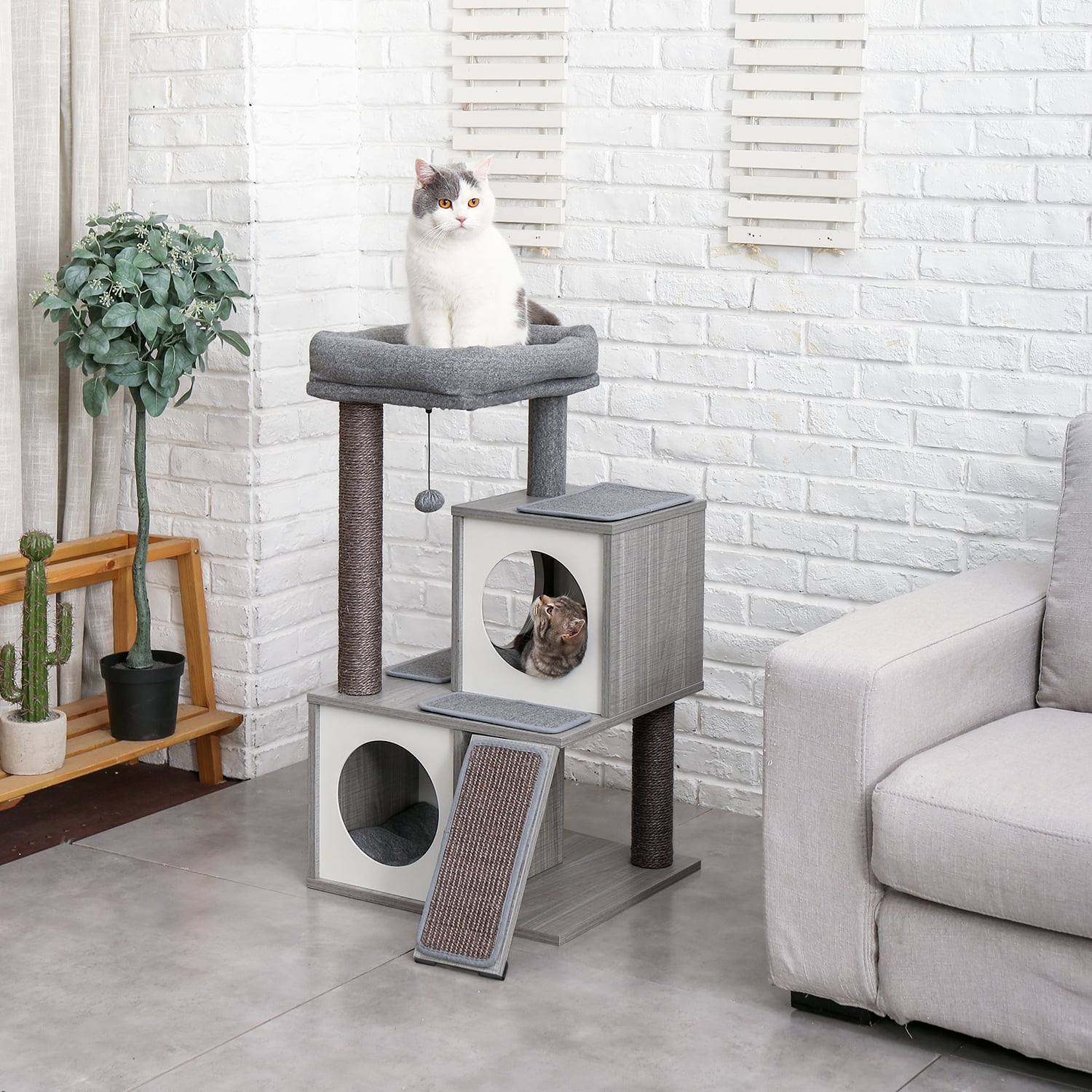 Kepooman Cat Tree with Double Condos Spacious Perch Sisal Scratching Posts & Replaceable Dangling Balls, Pet Play Condo Furniture, Grey Kepooman Cat Tree with Double Condos Spacious Perch Sisal Scratching Posts & Replaceable Dangling Balls, Pet Play Condo Furniture, Grey