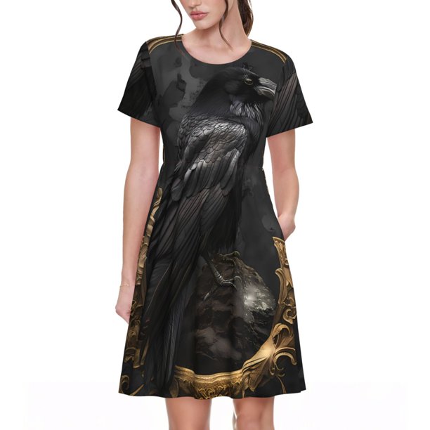 Easygdp Gothic Raven Portrait para Vestido Transpirable de Mujer, Vestido Suelto de Manga Corta con Pliegues y Bolsillos para el Verano