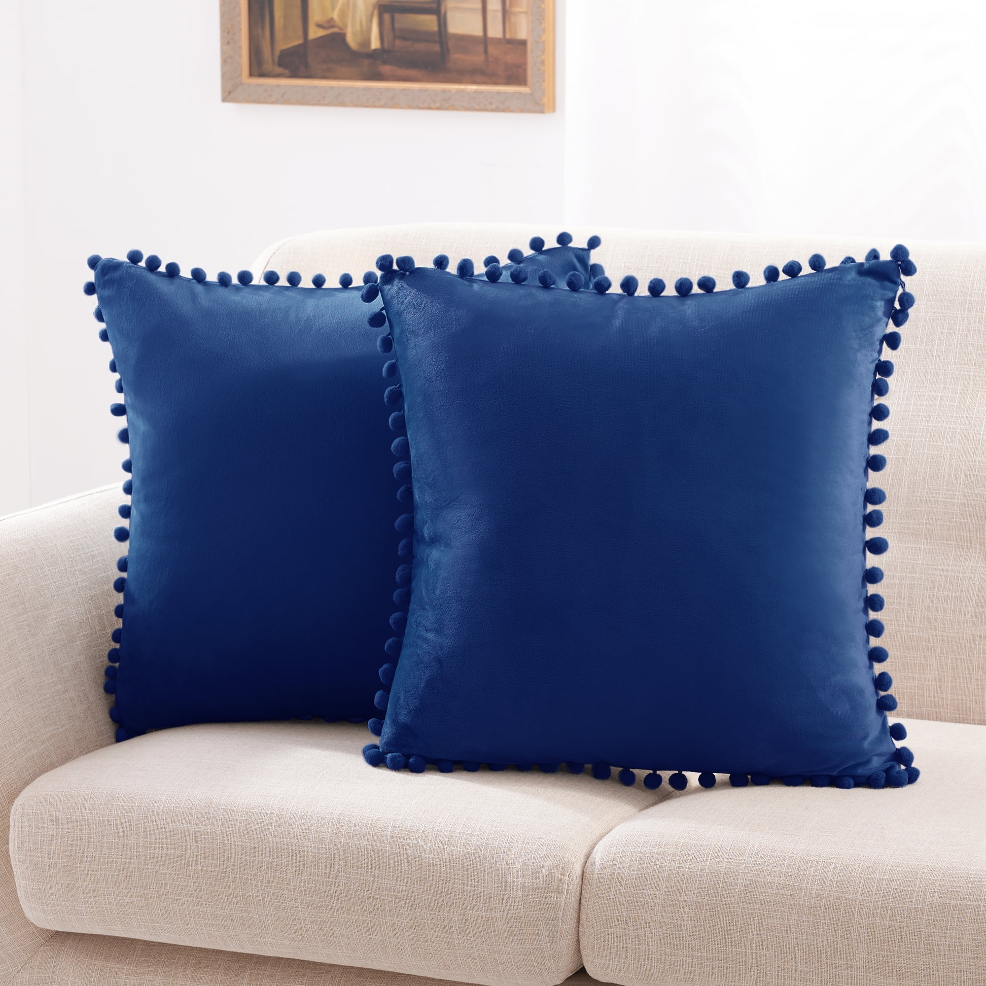 Decorative Soft Farmhouse Square Pom-poms Cover for Bedroom 24” x 24” Haze Blue Deconovo Velvet Throw Pillow Covers Set of 2 