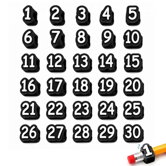 Numbered Pencil Toppers 1-30, Reusable Identification Markers for Pencil Tracking & Organization, Desk & Office Supply