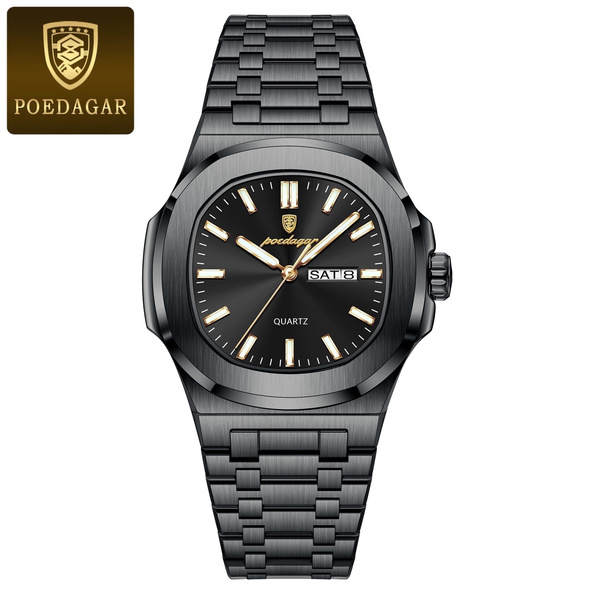 POEDAGAR Luxury Man Watch Square Waterproof Luminous Date Week Stainless Steel Quartz Men's Watches