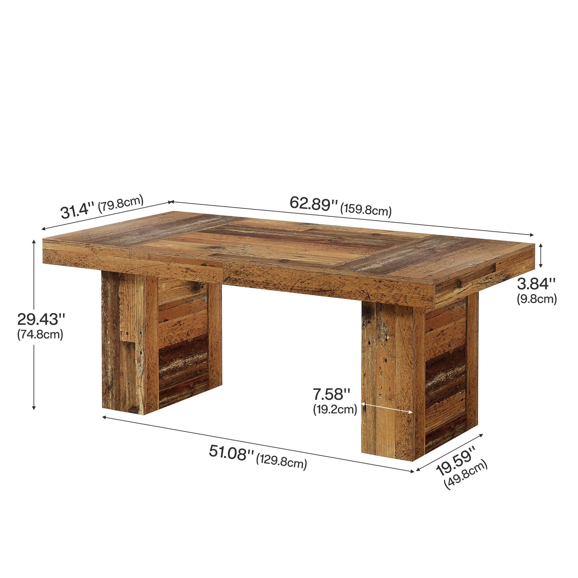 MAYEERTY 63 Inch Rectangular Farmhouse Dining Table, Patchwork Wood Grain Kitchen Dinner Table with Slatted Wide Legs for 6 People