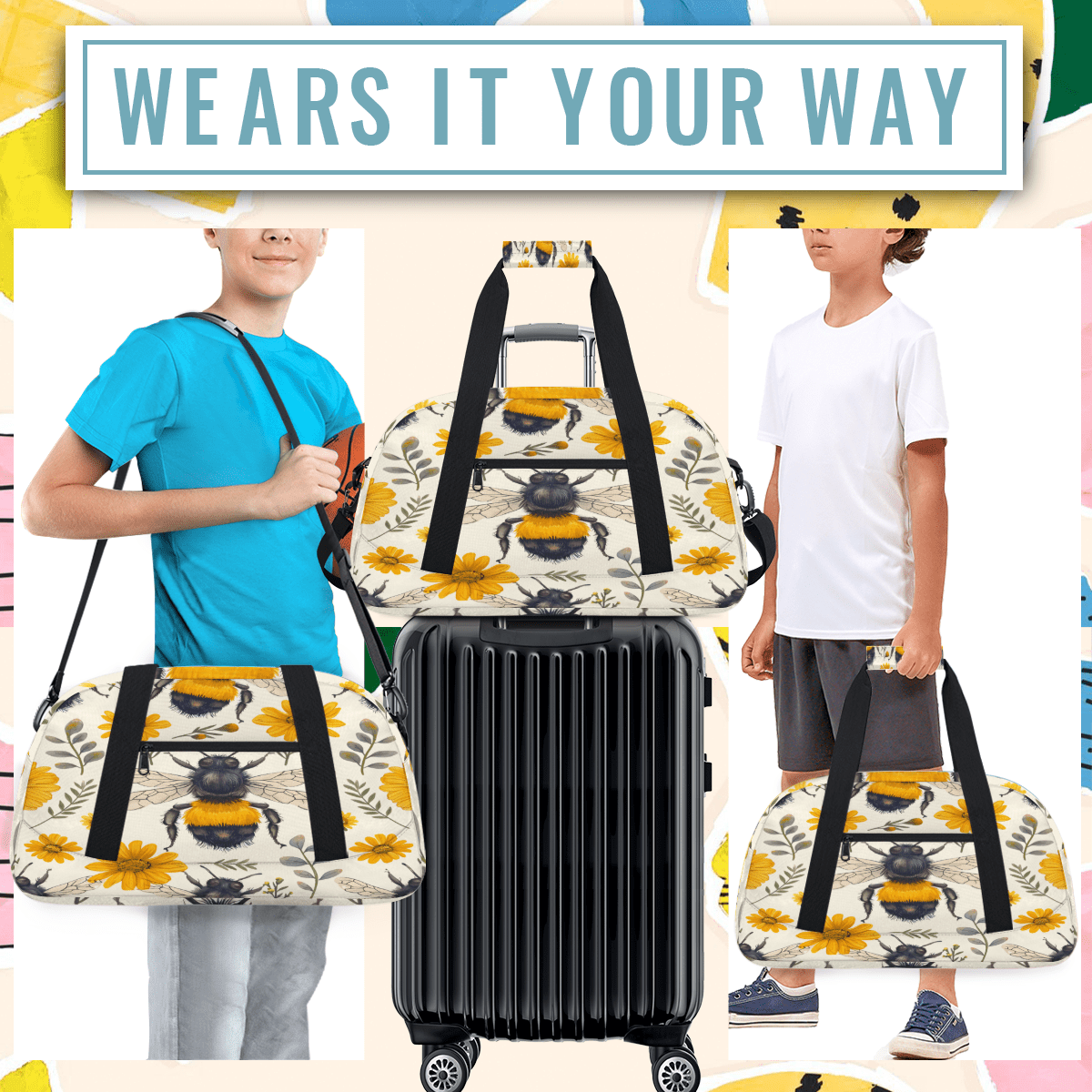 Herdesigns Cute Bee Sports Duffle Bag for Women & Men, Floral Bee Gym Bag Dance Bag Overnight Bag Carry On Weekender Travel Bag
