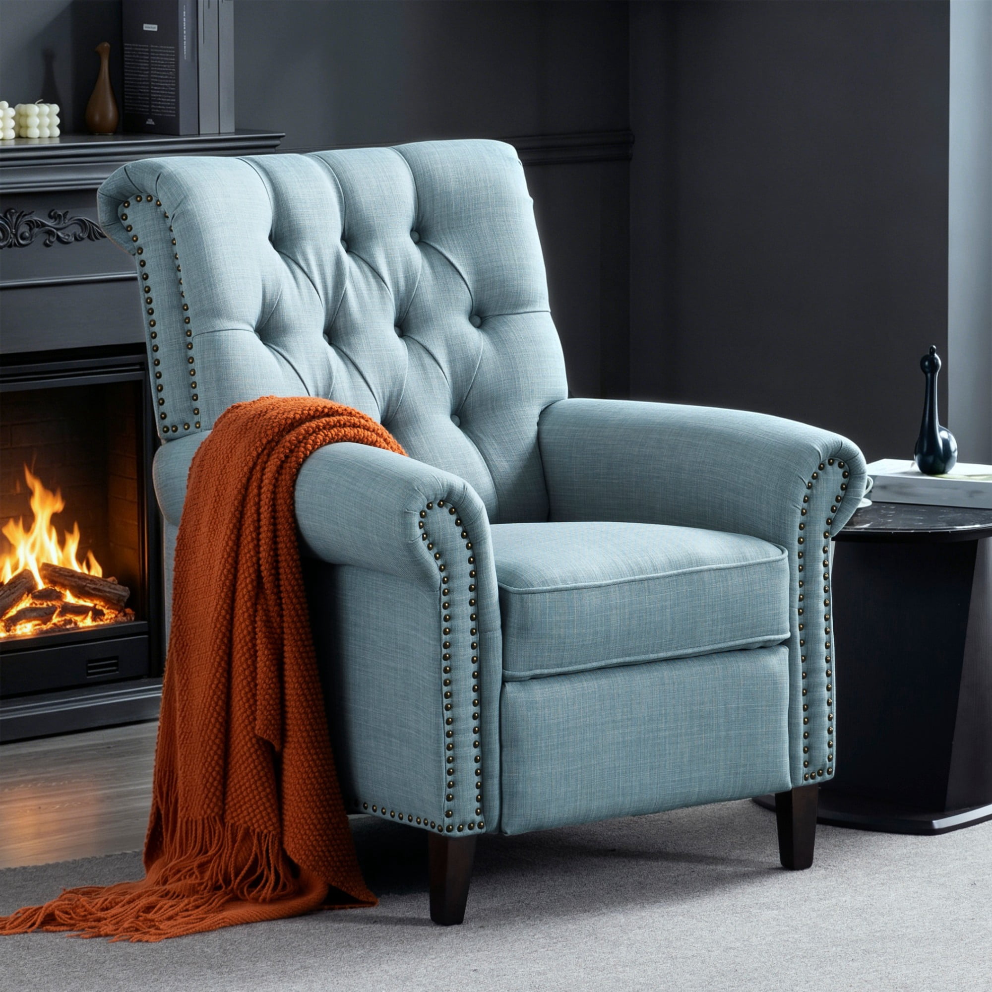 BSHTI Pushback Recliner Chair Linen Upholstered Armchair for Living Room Home Theater, Manual Single Sofa with Nailhead Trim, Rolled Arms, Wood Legs, Adjustable Footrest(Blue)