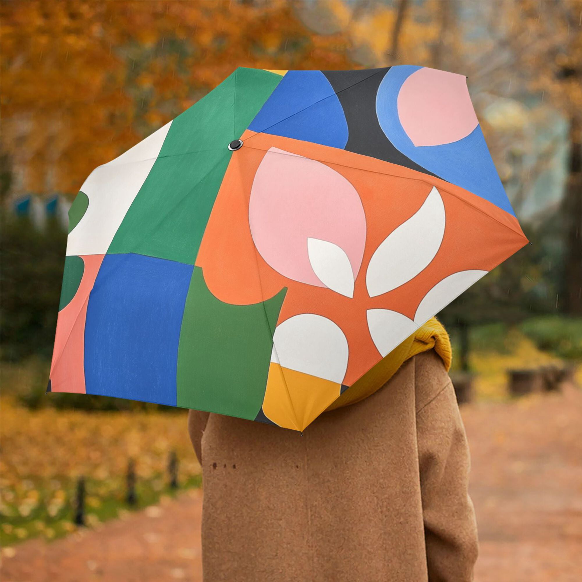 FORMRS Travel Umbrella Folding Auto Open Close Windproof Rain UV Protection, Abstract Plants