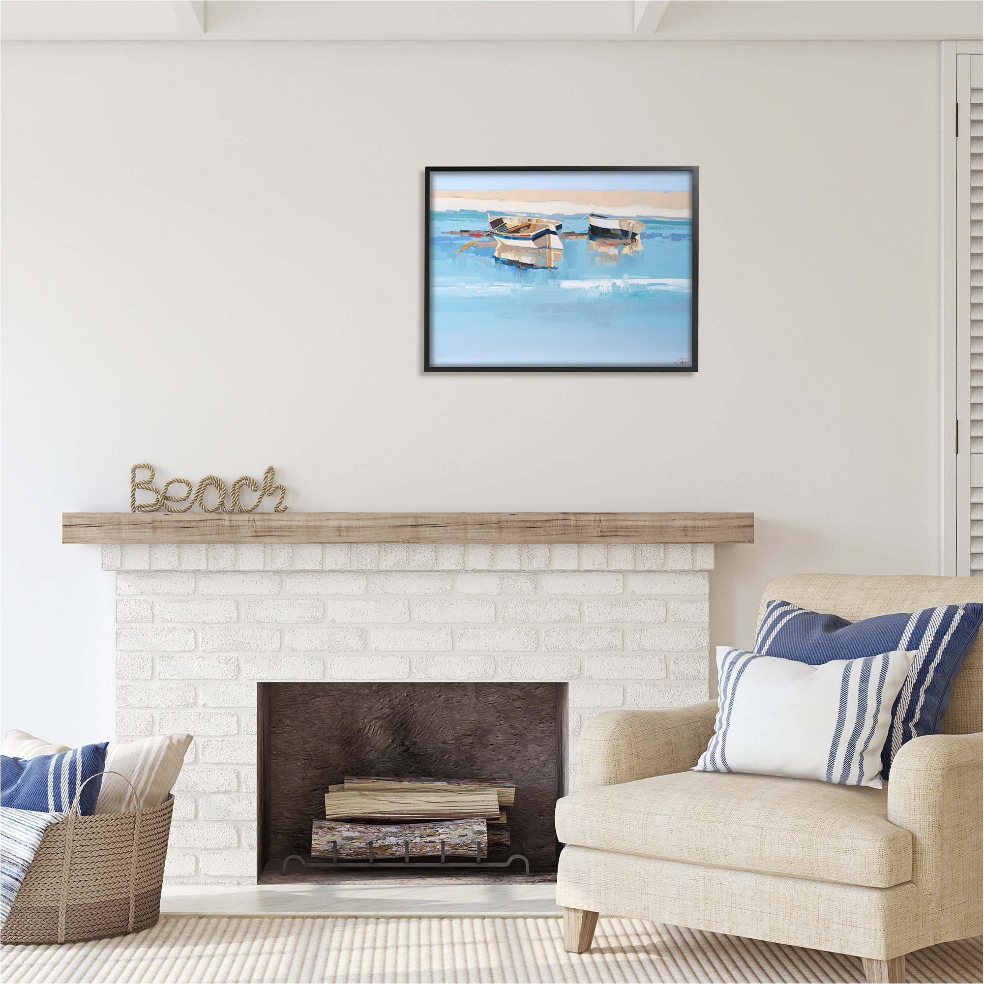 Stupell Industries Boats on Shore Painting Transportation Painting Black Framed Art Print Wall Art, 30 x 24