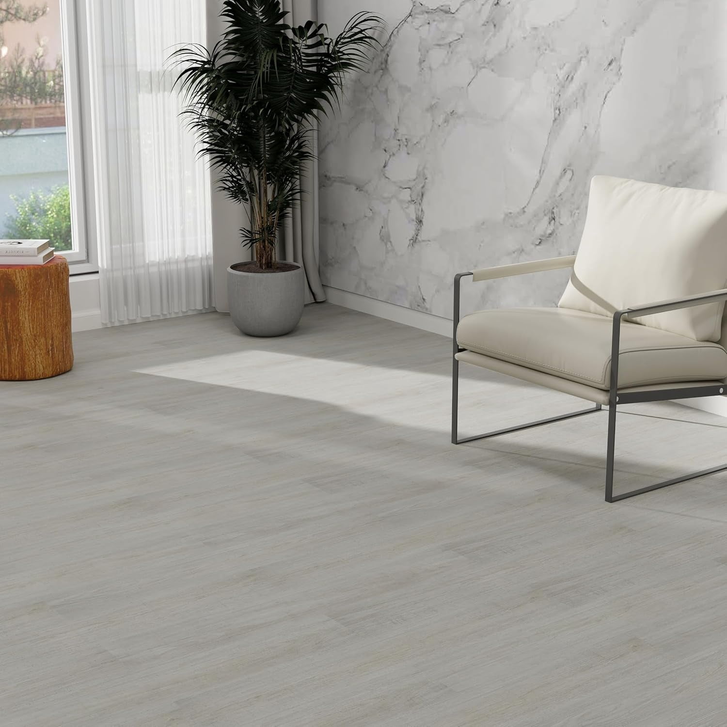 Peel and Stick Floor Tile, 54 Sq.Ft Self Adhesive Vinyl Flooring Plank, 36 Pieces Waterproof Heavy Duty Wood Grain Tiles, 36"x6" DIY Planks for Bedroom Kitchen Apartment Bathroom White
