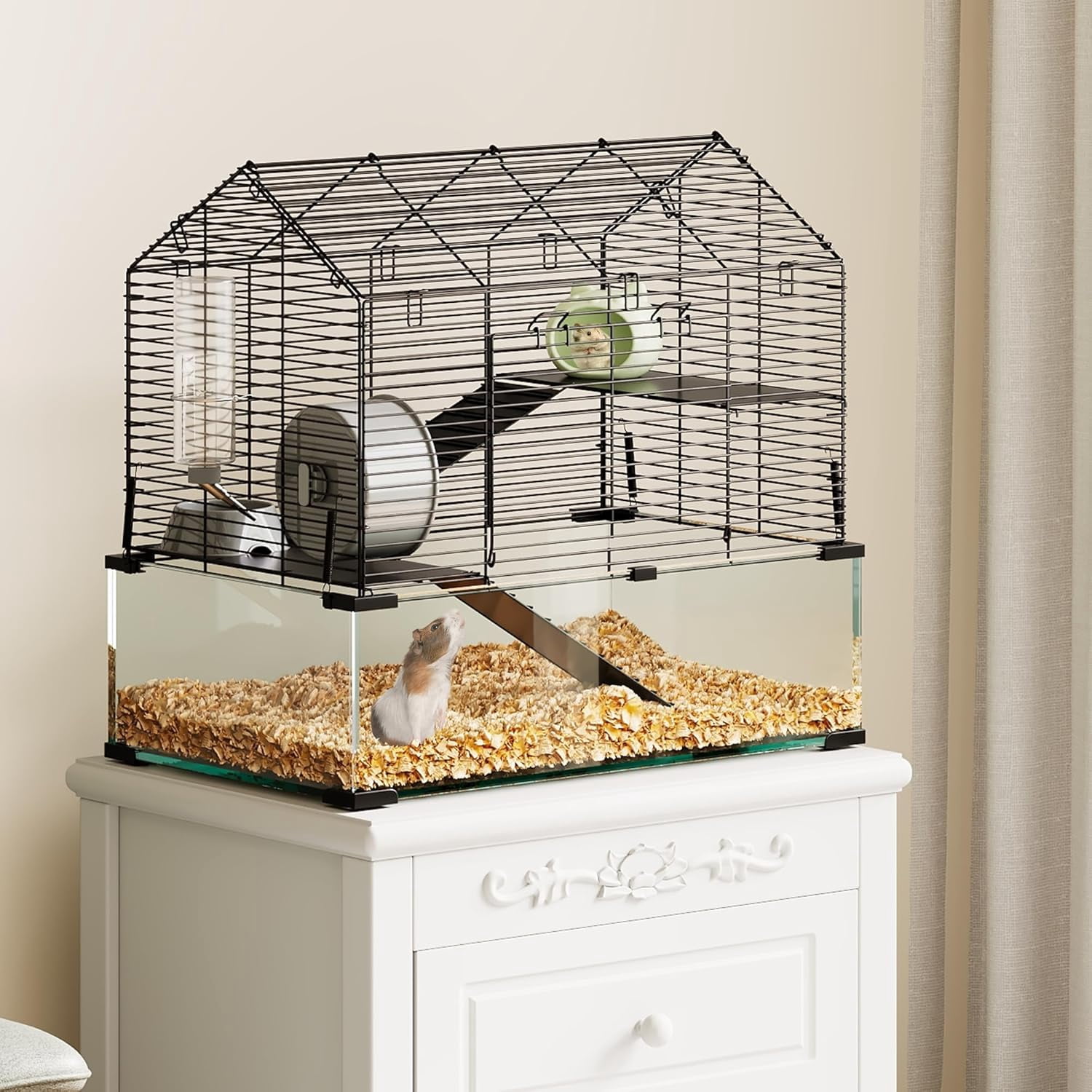 3-Tier Large Hamster Cage with 6mm Tempered Glass Base, Silent Running Wheel, Water Bottle & Food Bowl, Spacious Multi-Level Habitat for Syrian & Dwarf Hamsters, Gerbils, Mice, and Small Pets (22.