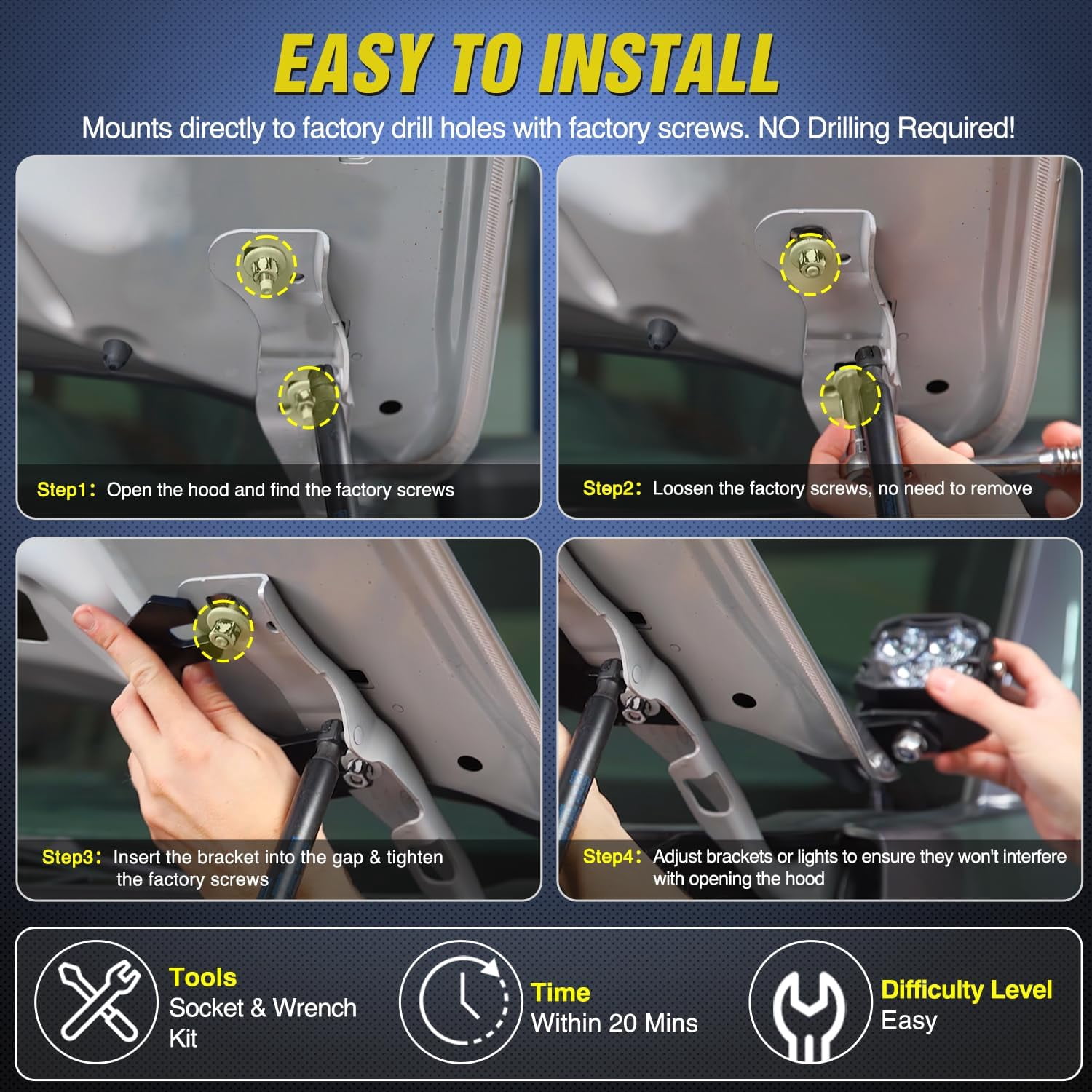 Nilight Ditch Light Brackets Hood Hinges Mount Bracket Kit for Auxiliary Offroad LED Pod Light Work Lights Compatible with Ford Ranger 2019 2020 2021 2022 2023 2024