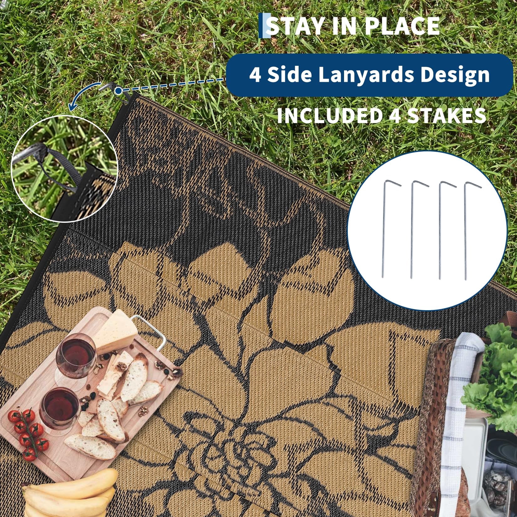 Nanan 9x18ft Outdoor Rug Waterproof Reversible Plastic Straw Patio Rug, UV Resistance Portable Floral Camping Carpet for Deck, Porch, Balcony, Backyard, Black Brown